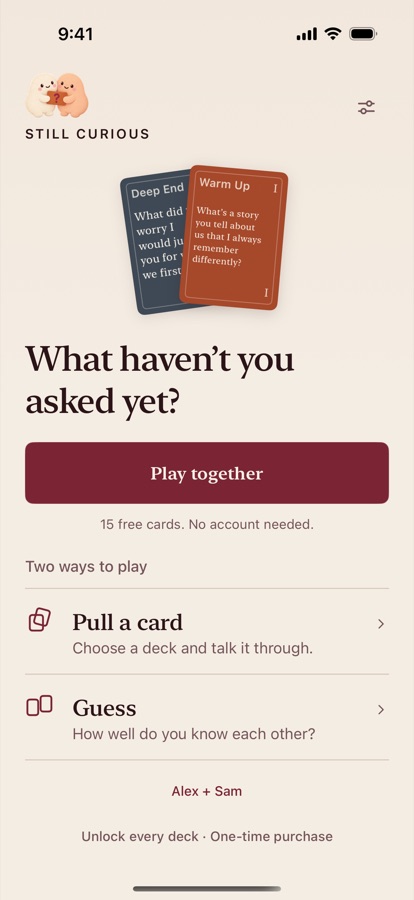 Home: pull a card or play Guess